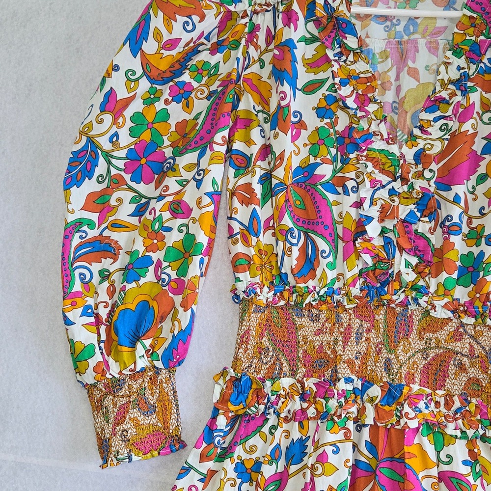 House of Harlow 1960 Nicole Richie Floral Smocked Mini Dress Cotton Small Multi - Picture 3 of 7